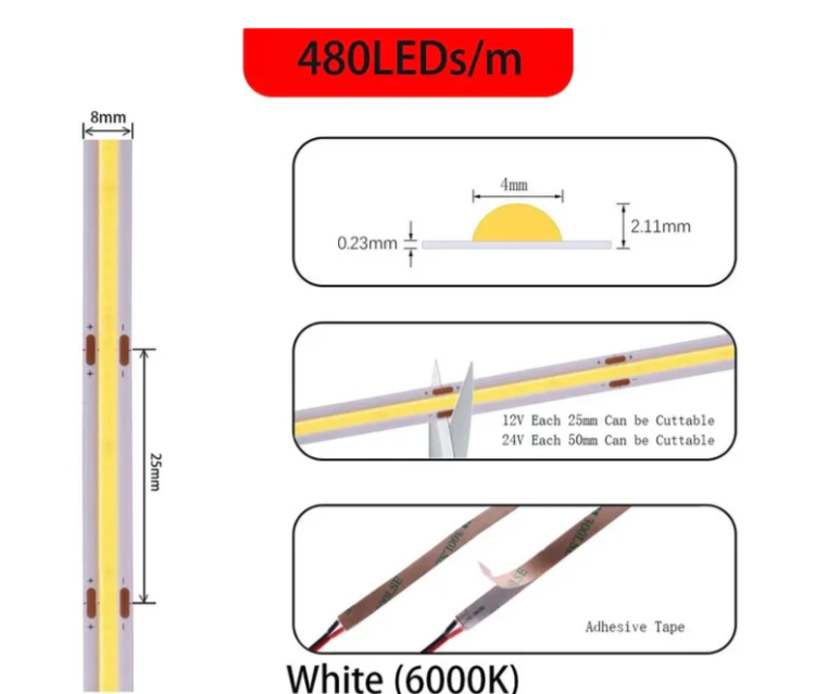 Cinta LED COB 480leds/M 5 metros 12V CY-4604