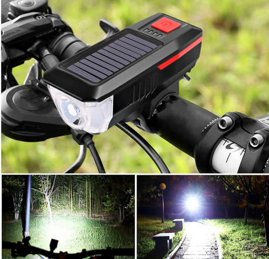 LUCES DE BICICLETA RECARGABLE Y CON PANEL SOLAR Y PITO  LY-17