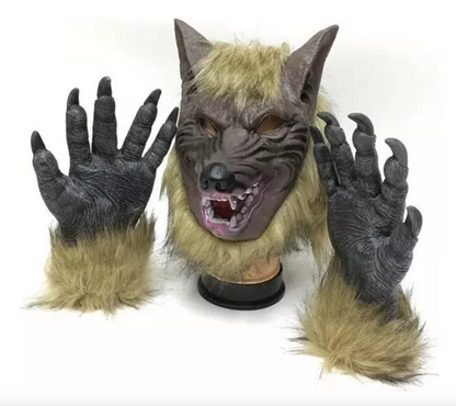 Máscara y guantes de cabeza de lobo gris de Halloween de color marrón