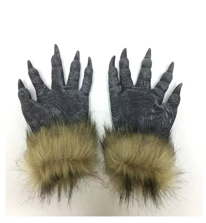 Máscara y guantes de cabeza de lobo gris de Halloween de color marrón