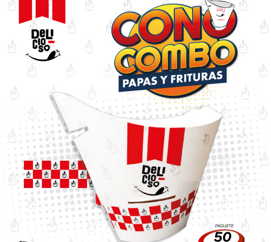 CONO IMPRESO COMBO PAPAS Y FRITURAS PAQUETE DE 50 UNIDADES