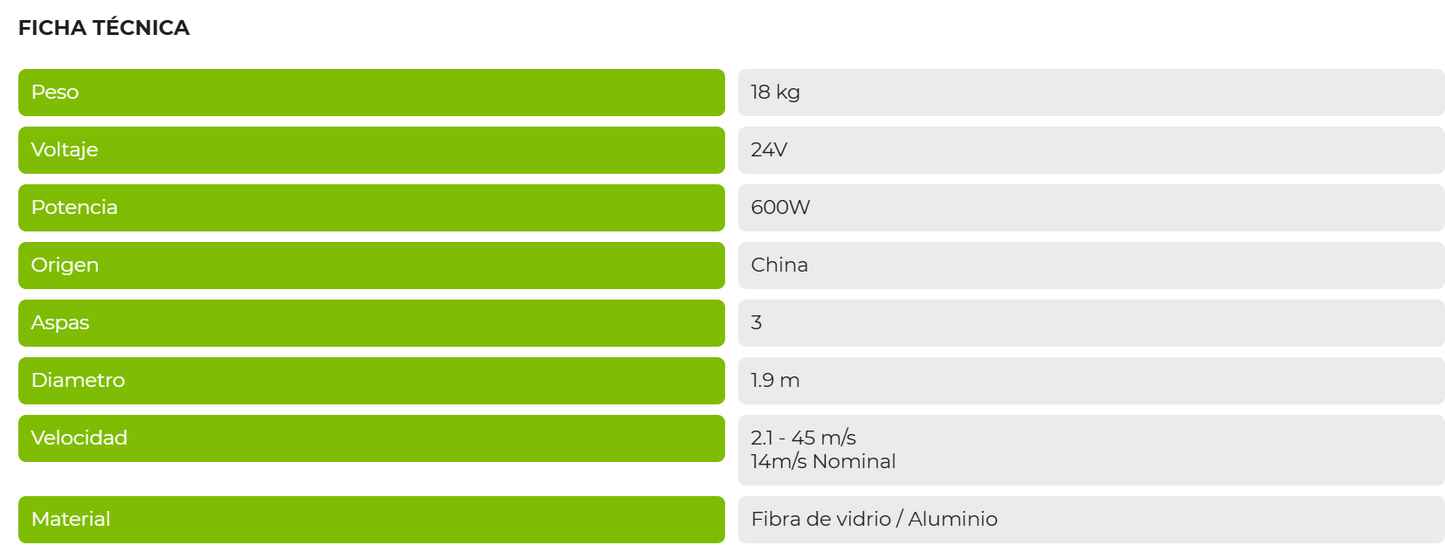 Aerogenerador 600W/24VDC